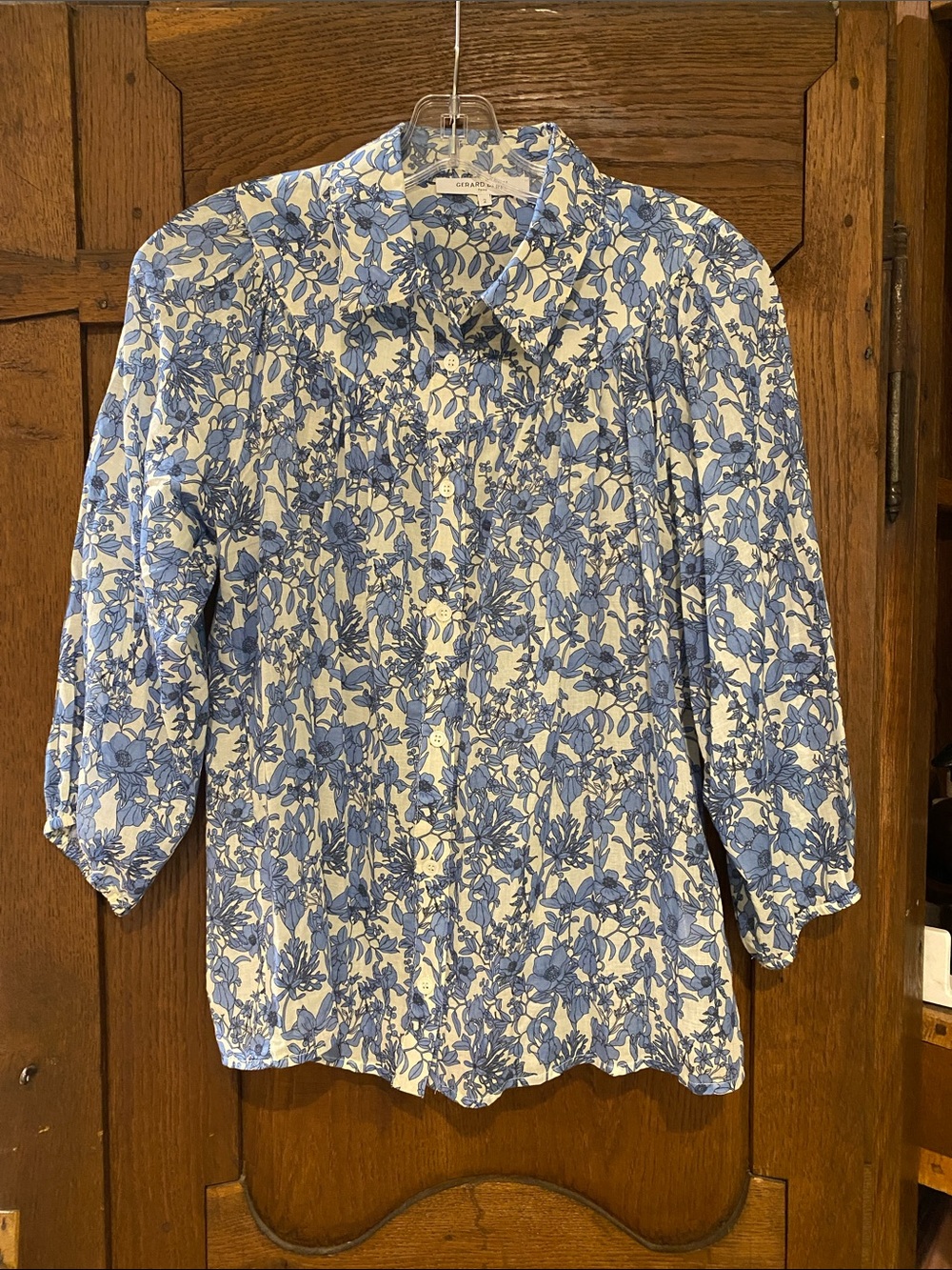 Gerard Darel Lightweight Blue Floral Button-Up Blouse.